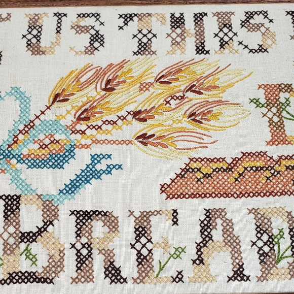 Vtg. Framed Cross Stitch "Give Us This Day Our Daily Bread" Mantel/Wall Decor - Picture 4 of 8